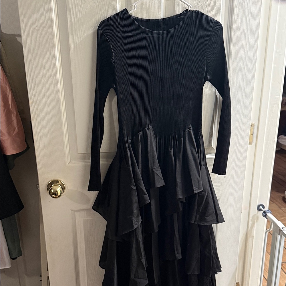 Long-Sleeve Black Tiered Ruffle Dress